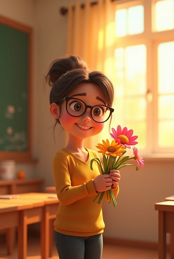 The classroom is filled with sunshine in the afternoon, A teacher wearing glasses happily holds flowers sent by students, warm tone, teacher‘s character design, Pixar style 3d character