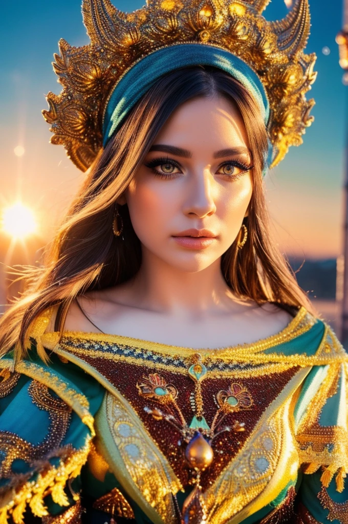 A beautiful woman, detailed eyes, detailed lips, long eyelashes, pagan, sun in hands, photorealistic, 8k, highly detailed, vibrant colors, dramatic lighting, fantasy, mystical, magical