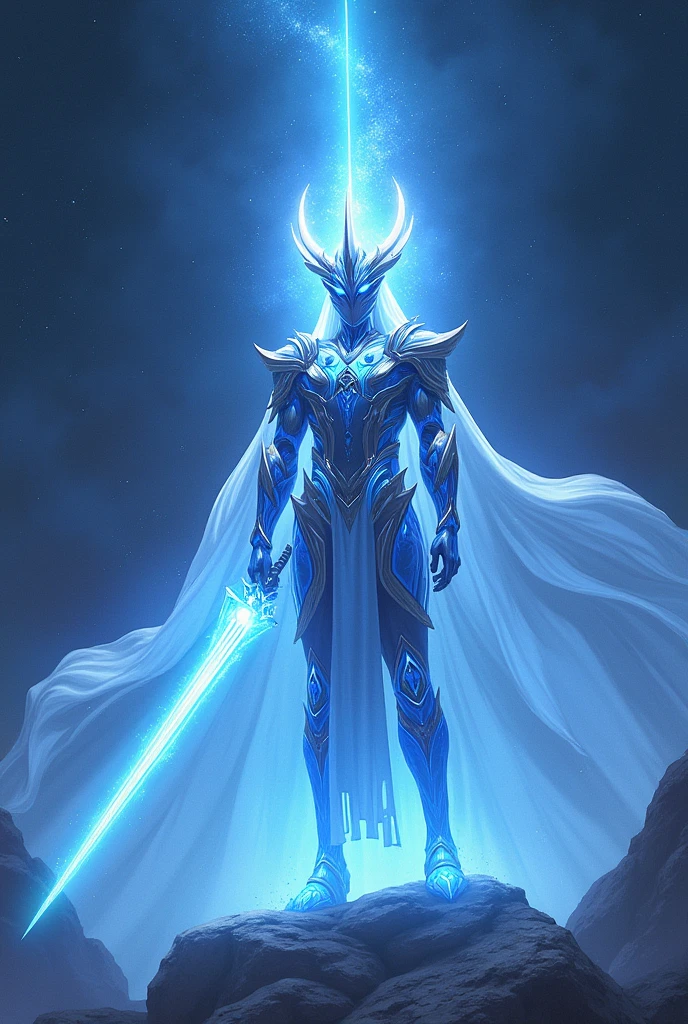 /imagine "Aurora Sentinel" avatar: majestic and ethereal, shimmering blue and silver armor, with a halo of light and flowing cape, wielding a glowing sword, magical aura, standing against a cosmic or starry background --v 5 --ar 16:9