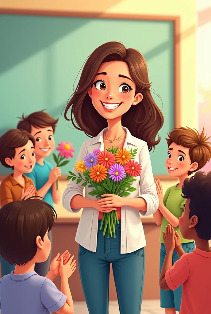 Emily Eldridge style,Cartoon cute drawing style, sunny, bright background classroom, teaching blackboard, a teacher holding flowers, smiling, some students around clapping some holding flowers, very happy, sharpie markers illustration,flat style,simple line illustration,high details,FHD.