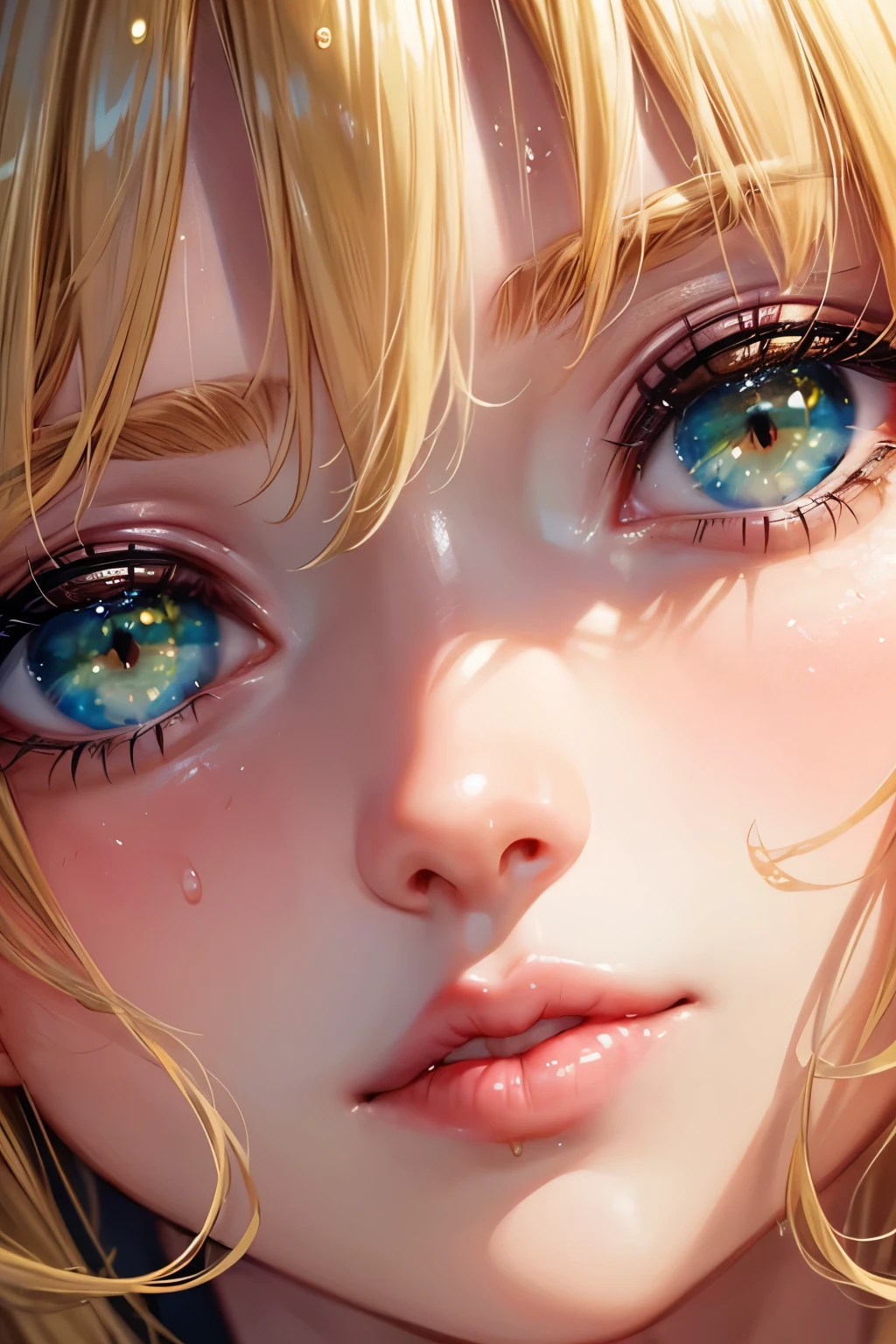 1girl, blond hair, green eyes, close up, face focused, kissing face, wet lips