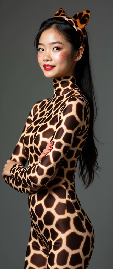 The beautiful,slender thin and clever asian chinese adult girl with beautiful and shiny cheeks wears  giraffe print lycra turtleneck unitard catsuit covered with spots and  giraffe print lycra elastane stretchy dancewear inner hijab-like hood covered with spots.She is clever and happy when she puts cat whiskers makeup.