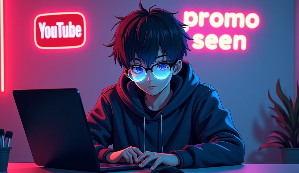 A 20-year-old boy in anime style, wearing a glasses Glowing face, sits alone in a modern, colourfull room. He’s at a desk with a microphone and laptop. Dynamic RGB lighting highlights the scene, creating a hacker environment. Behind him, big text "Promo Seen" and a 3D YouTube logo are prominently displayed on the wall. The boy is the focal point, exuding a mysterious and tech-savvy vibe.face on camra side.