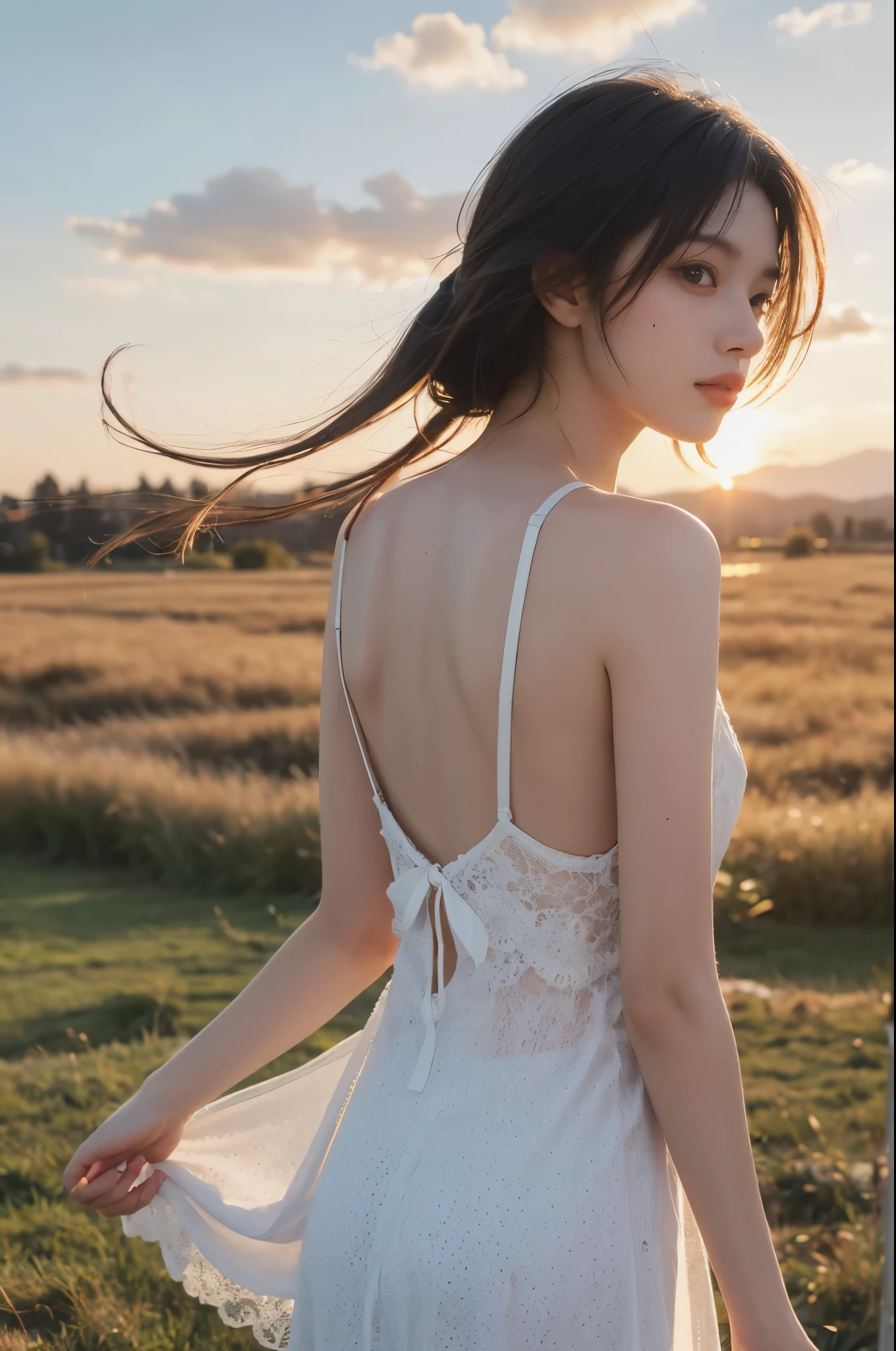 1girl, detailed face, skin blemish, braid, wearing sheer slave dress, looking at the viewer, unkempt long hair, small saggy breasts, standing in a field, a hill in the background with an ancient castle at the top, stone ruins, windy, summer, at dusk, beautiful sky, the air is full of life, ethereal quality, detailed
