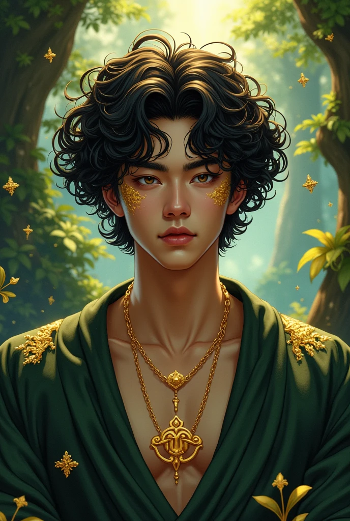 Korean man 1 curly hair in the forest gold leaf in the hair with a necklace golden name brix