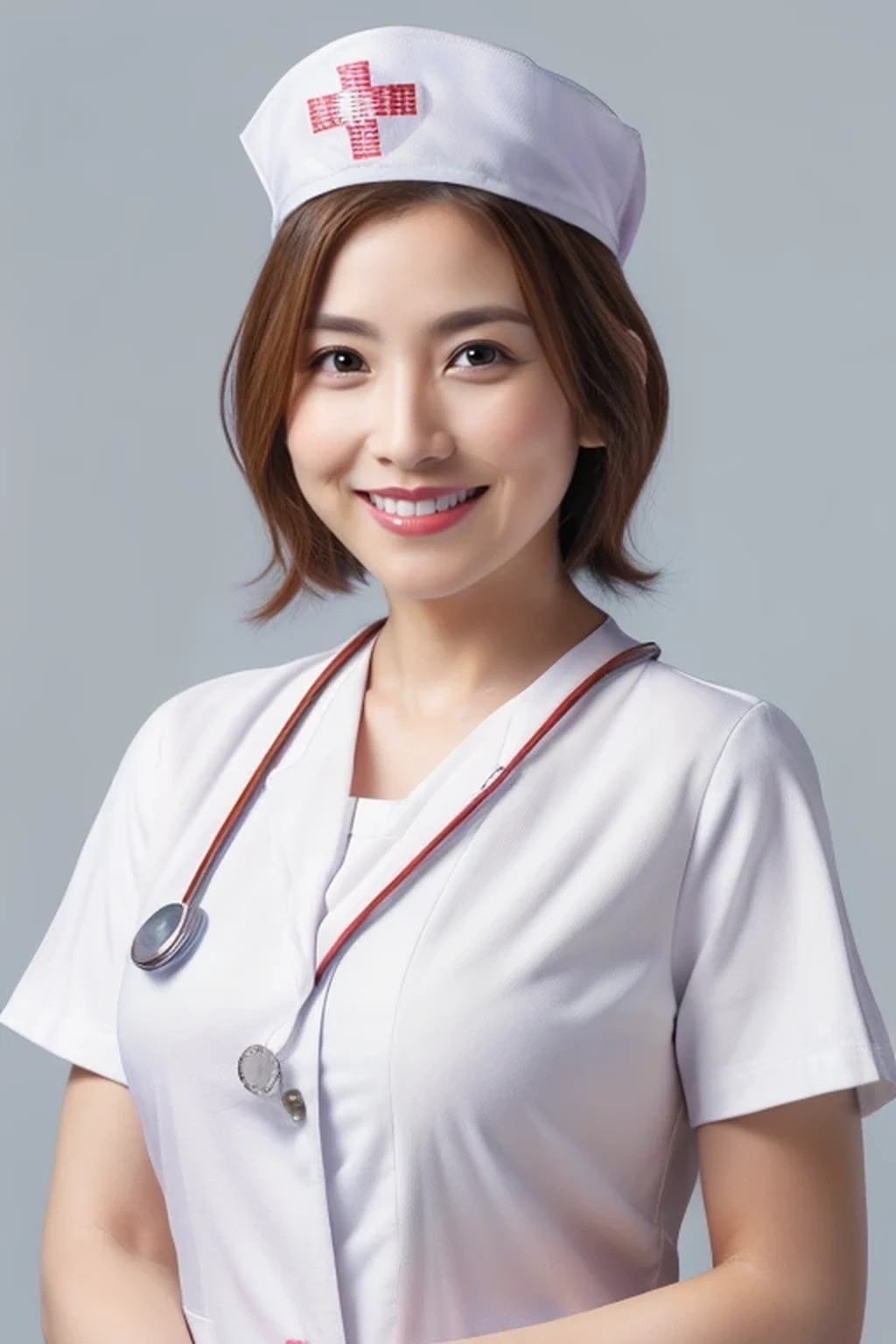 (8k, best quality, masterpiece, super detailed:1.5), (beautiful Japanese woman, shirt cut hair, smile:1.2), (wearing white Nurse's uniform, Nurse's cap :1.5), huge breasts