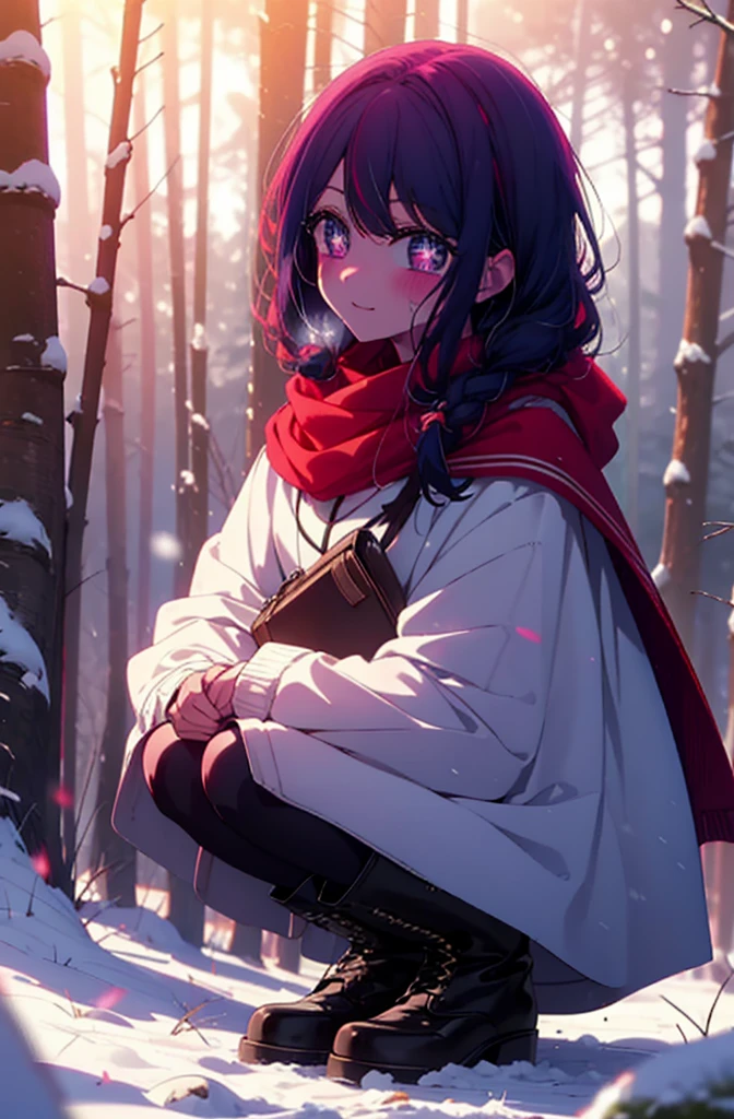 aihoshino, Ai Hoshino, Long Hair, bangs, (Purple eyes:1.1), Purple Hair, (Symbol-shaped pupil:1.5), smile,,smile,blush,white breath,
Open your mouth,snow,Ground bonfire, Outdoor, boots, snowing, From the side, wood, suitcase, Cape, Blurred, , forest, White handbag, nature, Squat, Mouth closed, Cape, winter, Written boundary depth, Black shoes, red Cape break looking at viewer, Upper Body, whole body, break Outdoor, forest, nature, break (masterpiece:1.2), Highest quality, High resolution, unity 8k wallpaper, (shape:0.8), (Beautiful and beautiful eyes:1.6), Highly detailed face, Perfect lighting, Highly detailed CG, (Perfect hands, Perfect Anatomy),