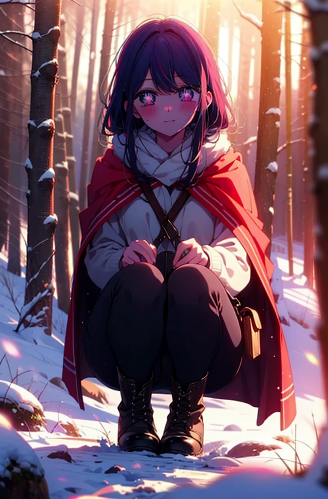 aihoshino, Ai Hoshino, Long Hair, bangs, (Purple eyes:1.1), Purple Hair, (Symbol-shaped pupil:1.5), smile,,smile,blush,white breath,
Open your mouth,snow,Ground bonfire, Outdoor, boots, snowing, From the side, wood, suitcase, Cape, Blurred, , forest, White handbag, nature,  Squat, Mouth closed, Cape, winter, Written boundary depth, Black shoes, red Cape break looking at viewer, Upper Body, whole body, break Outdoor, forest, nature, break (masterpiece:1.2), Highest quality, High resolution, unity 8k wallpaper, (shape:0.8), (Beautiful and beautiful eyes:1.6), Highly detailed face, Perfect lighting, Highly detailed CG, (Perfect hands, Perfect Anatomy),