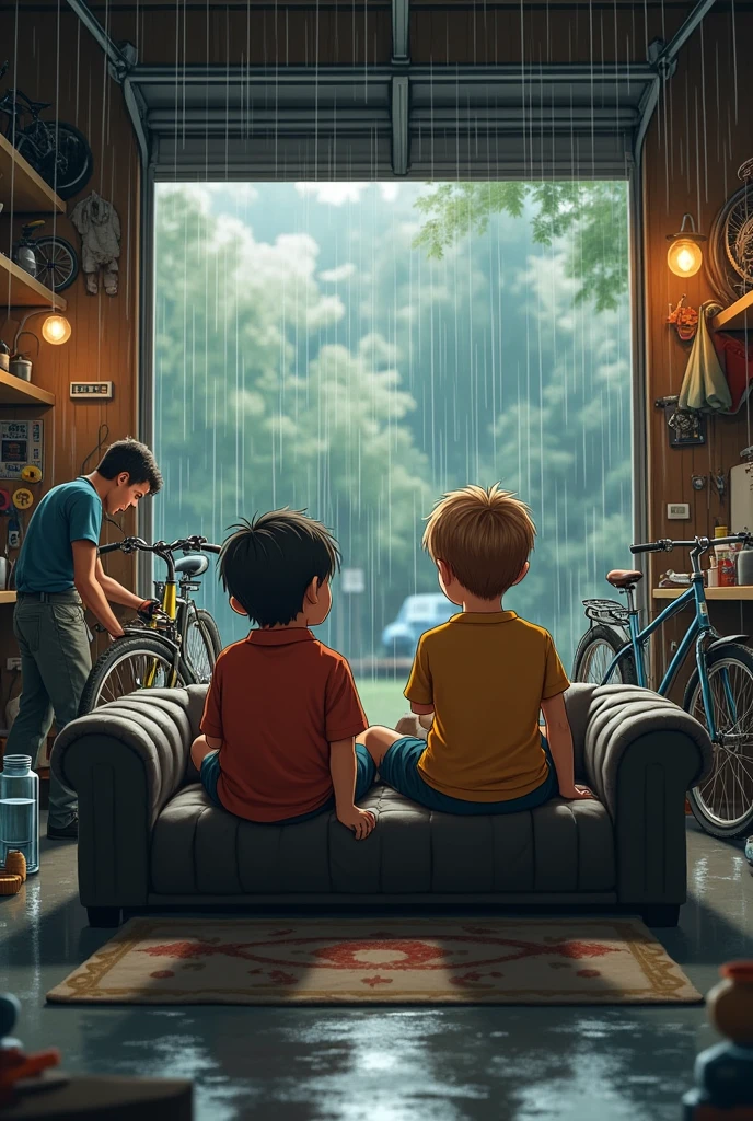 2 boys in garage sit the sofa and see mobiles and one man repair bikes in garage chair and water jar and rainy season