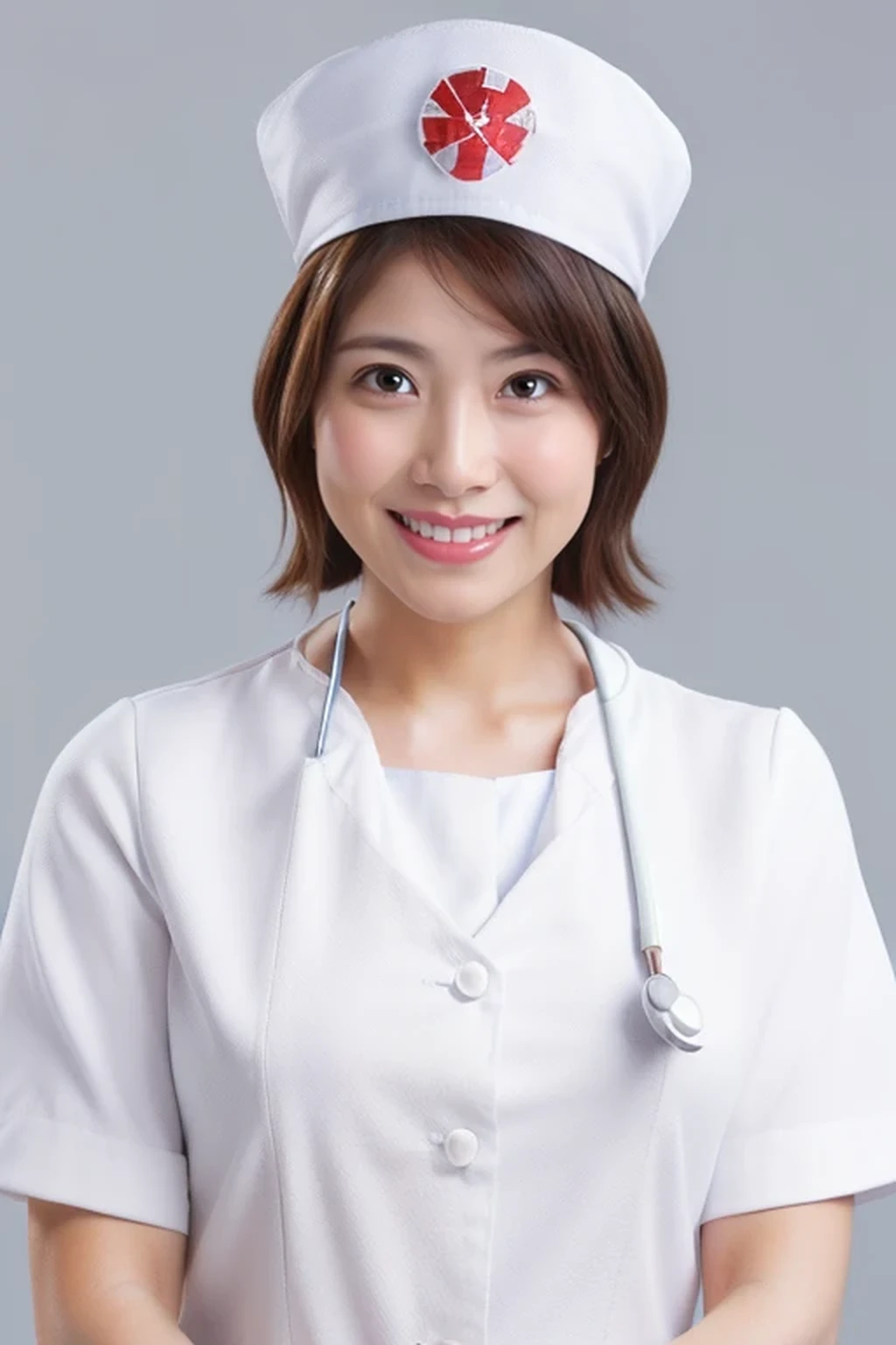 (8k, best quality, masterpiece, super detailed:1.5), (beautiful Japanese woman, shirt cut hair, smile:1.2), (wearing white Nurse's uniform, Nurse's cap :1.5), huge breasts