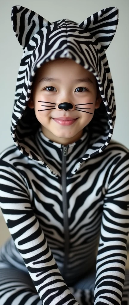 The beautiful taiwan asian adult girl with beautiful cheeks wears zebra print lycra turtleneck unitard catsuit covered with stripes and zebra print  lycra elastane stretchy dancewear inner hijab-like zentai hood.She is happy to crawl.She always put fake cat whsikers and nose that are made of black makeup marker pen.