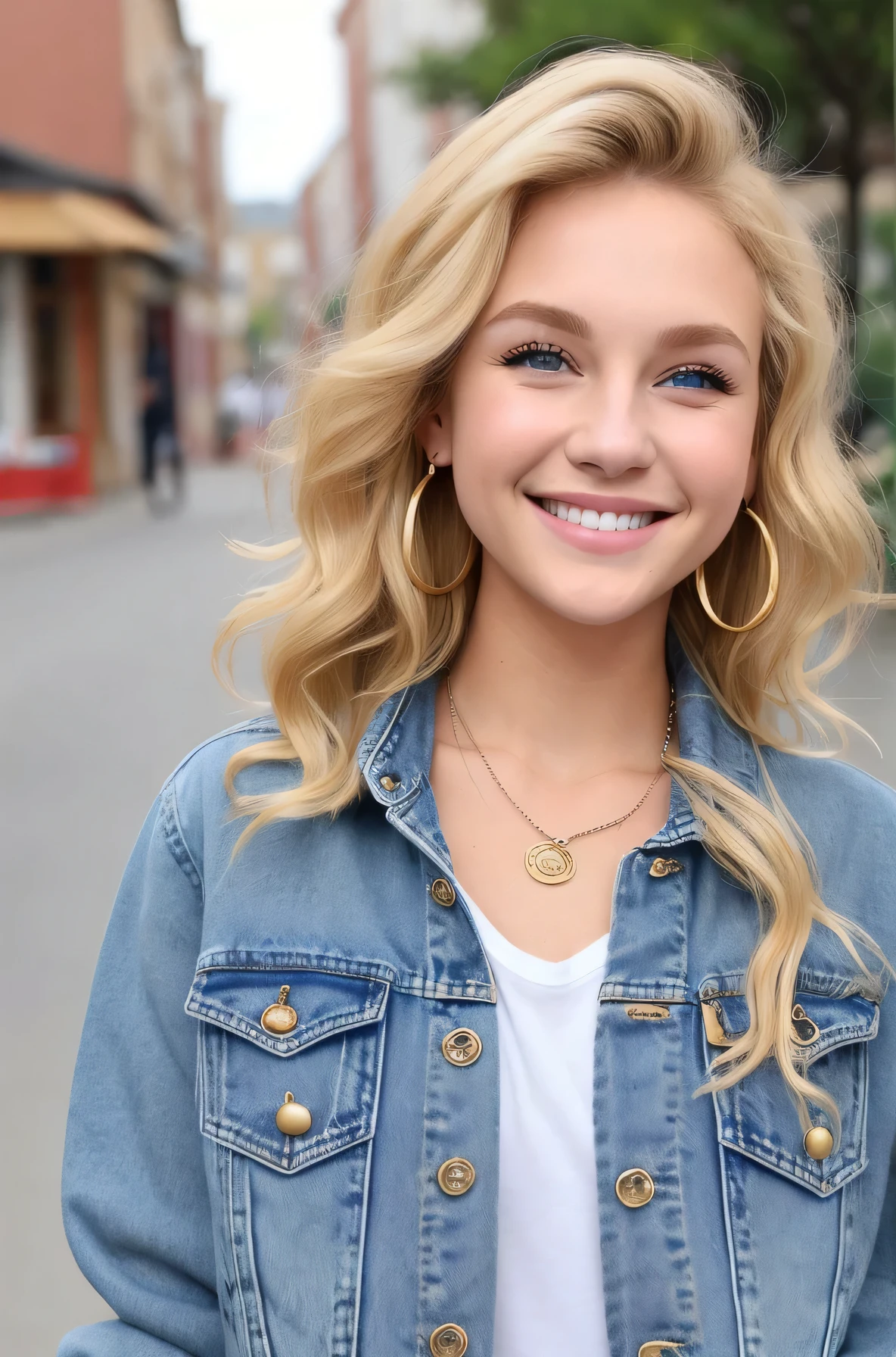 Neat and clean Caucasian woman、Blonde Hair、Short Haircut、Wavy Hair、blue eyes、smile、Denim jacket、shirt、Ear piercing、necklace、looking at the camera、The background is a town street、