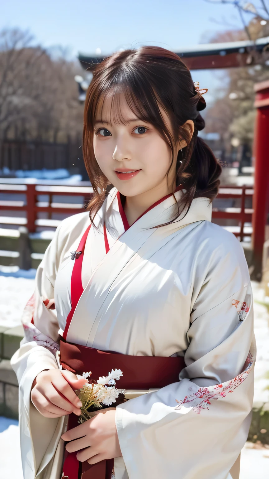 (8k、RAW Photos、Highest quality、masterpiece:1.2)、(Realistic、Realistic)、1 person、shrine、sunny weather in winter、The leaves are falling、Snow Scene、The plants are covered with snow、Japanese Clothing、Plain white kimono、The skirt part is red、Shrine maiden、Standing in front of the torii gate with the shrine behind, Nice and cute, An innocent smile, , nice smile、,(The Great Depression is about to burst:1.20),(Beautiful Big 1:1)、Brown Hair、Brown Hairの髪、Beautiful Eyes、 