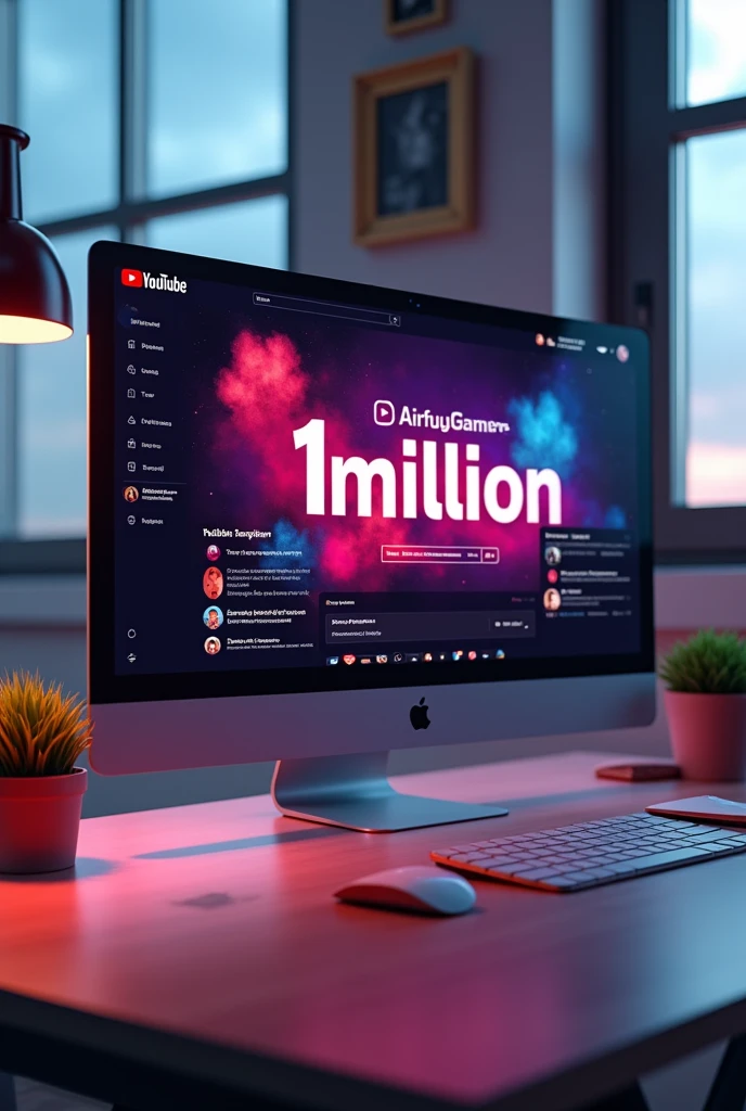 Make a image where there is a youtube chanel in pc which have 1m subscribe chanel named airfygamer