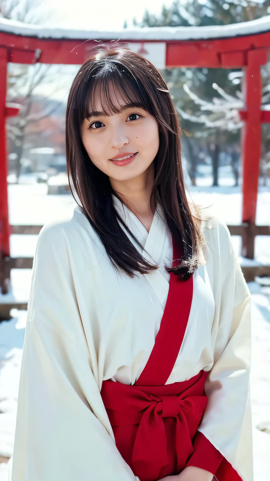 (8k、RAW Photos、Highest quality、masterpiece:1.2)、(Realistic、Realistic)、1 person、shrine、sunny weather in winter、The leaves are falling、Snow Scene、The plants are covered with snow、Japanese Clothing、Plain white kimono、The skirt part is red、Shrine maiden、Standing in front of the torii gate with the shrine behind, Nice and cute, An innocent smile, , nice smile、(Small Breasts 1:1)、Brown Hair、Brown Hairの髪、Beautiful Eyes、