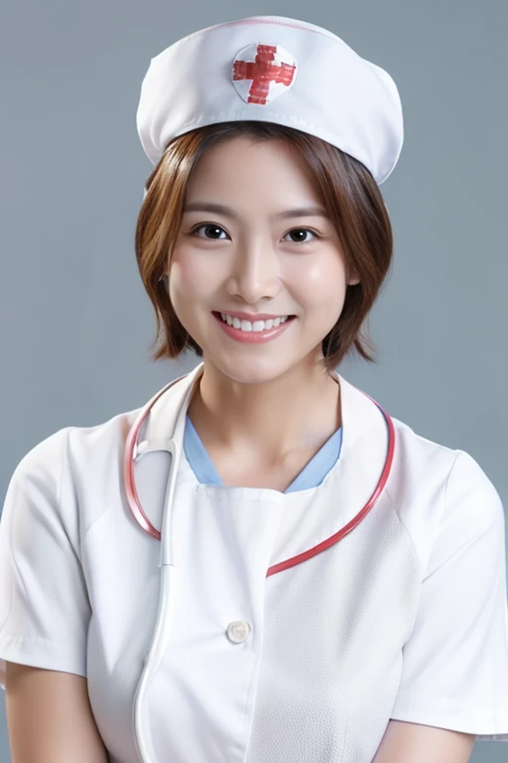 (8k, best quality, masterpiece, super detailed:1.5), (beautiful Japanese woman, shirt cut hair, smile:1.2), (wearing white Nurse's uniform, Nurse's cap :1.5), huge breasts