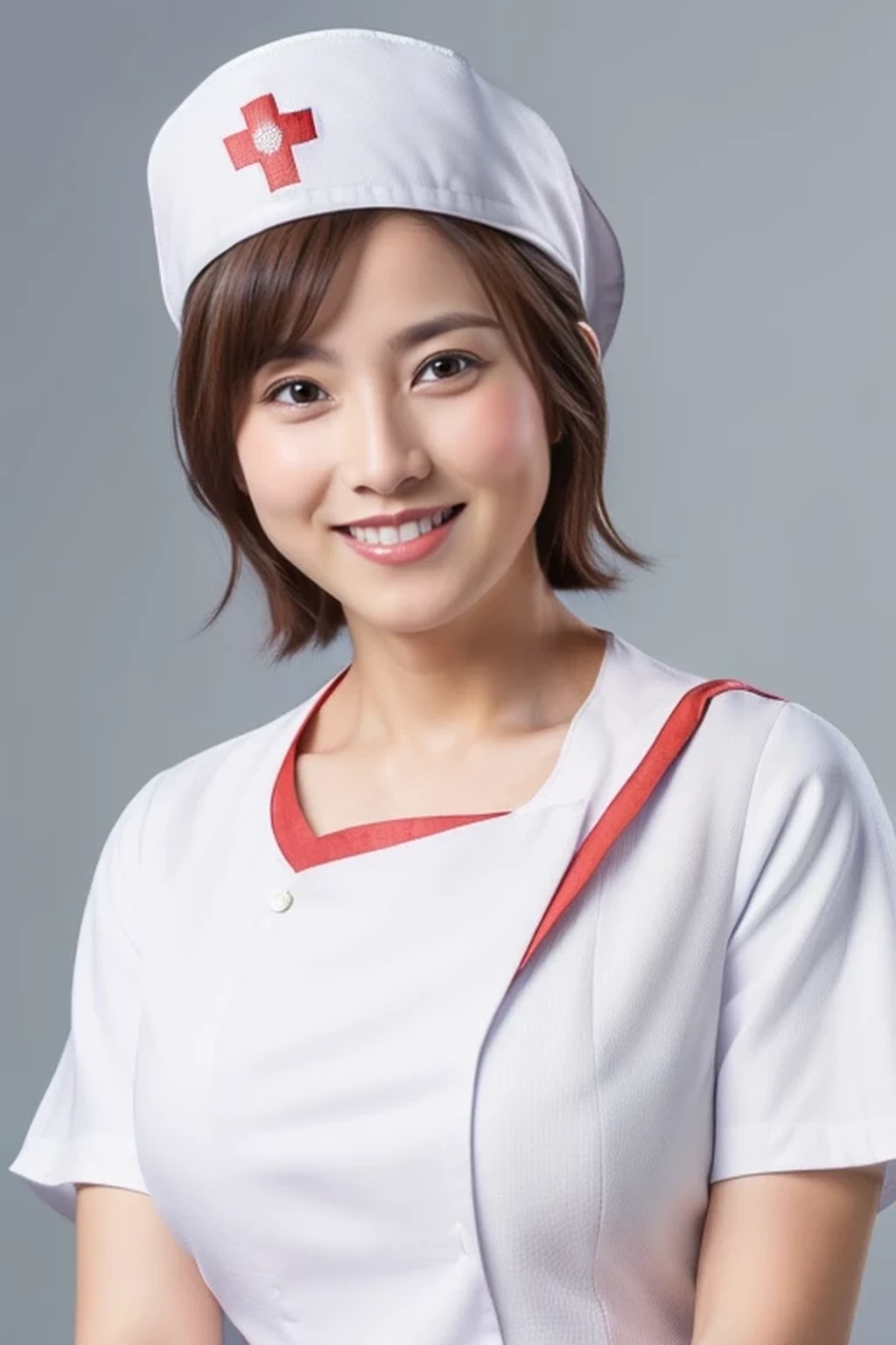 (8k, best quality, masterpiece, super detailed:1.5), (beautiful Japanese woman, shirt cut hair, smile:1.2), (wearing white Nurse's uniform, Nurse's cap :1.5), huge breasts