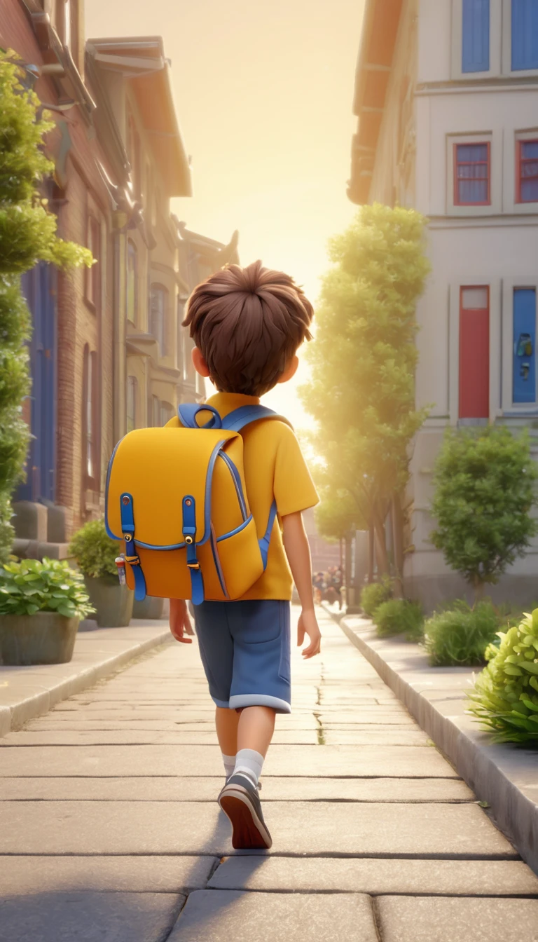 best quality, masterpiece, raw photo, 8k,uhd,cartoon,3d, TSLoP,a cute A carrying a backpack is walking on the sidewalk to school