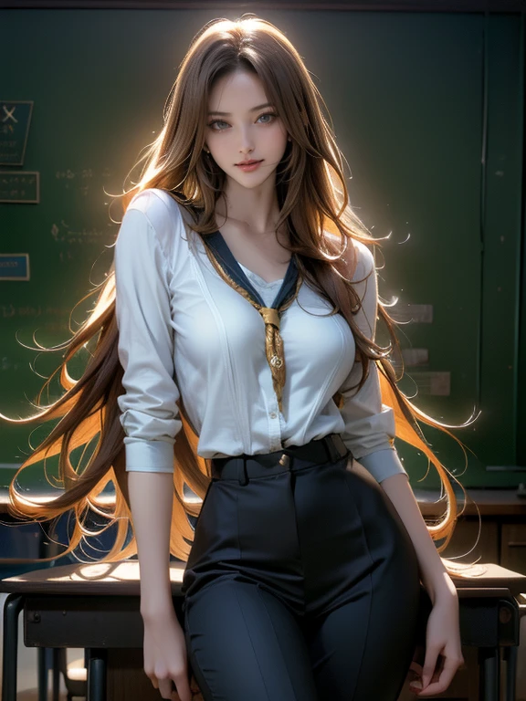 (8ก, Highest quality: 1.2), Extremely detailed, thorough resolution, (realistic, realistic photo: 1.37), Portrait, high definition RAW color photograph, professionally arrested, high definition and beautiful, high definition, 8ก Image wallpaper, Amazing details, Big file size, highly detailed beautiful girl, Extremely detailed face, (Finely defined super beautiful eyes:1.8), The nose has a precise shape., expressive lips,(sunset,classroom background:1.2) , one story, cute girl, realistic、 (Cinematic scene,Fantasy Art,Best Quality,High quality,High Definition,high quality texture,high detailing,Beautiful detailed,fine detailed,extremely details CG,Detailed texture,realistic representation of face,masutepiece,presence,Dynamic,Bold),1gir,Ultra detailed skin,Curve,(coverd nipple:0.8),Beautiful breasts,small breasts,pale skin,pointed breast,Erect nipples,(Ultra Thin hair),(Ultra Soft hair),(ultra straight hair),Swept long bangs,very light coppery amber hair,Hair over one eye,very skinny body,smart abs,( school teacher outfit:1.5),