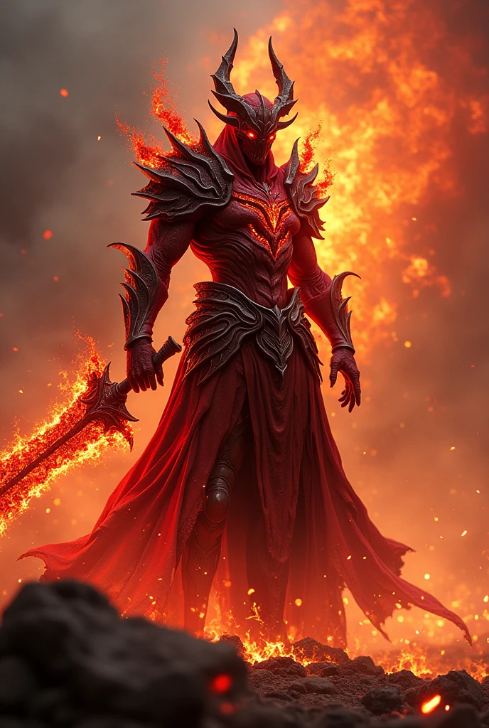 /imagine "Inferno Wraith" avatar: powerful and intimidating, dark red armor with flame-like patterns, wielding a large fiery sword, intense flame effects, with a backdrop of burning fire and ash --v 5 --ar 16:9