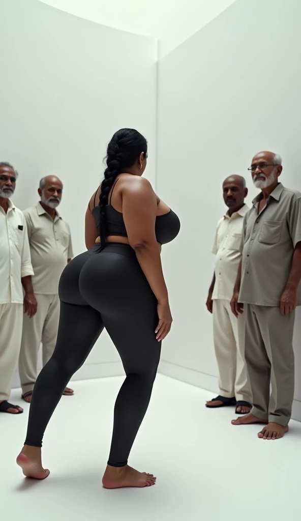 hot slim curvy white south indian milf with long single plaited hairstyle, big breast, big hip, very big ass, thick thighs, woman wearing crop top and leggings, bending over, sexy pose, group of indian old man standing with woman, in white blank room,