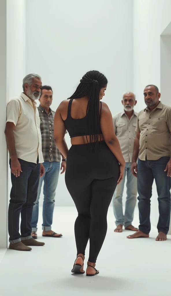 hot slim curvy white south indian milf with long single plaited hairstyle, big , big hip, very big , thick thighs, woman wearing crop top and leggings, ,  pose, group of indian old man standing with woman, in white blank room, 