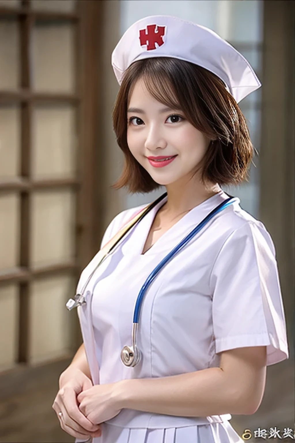 (8k, best quality, masterpiece, super detailed:1.5), (beautiful Japanese woman, shirt cut hair, smile:1.2), (wearing white Nurse's uniform, Nurse's cap :1.5), huge breasts