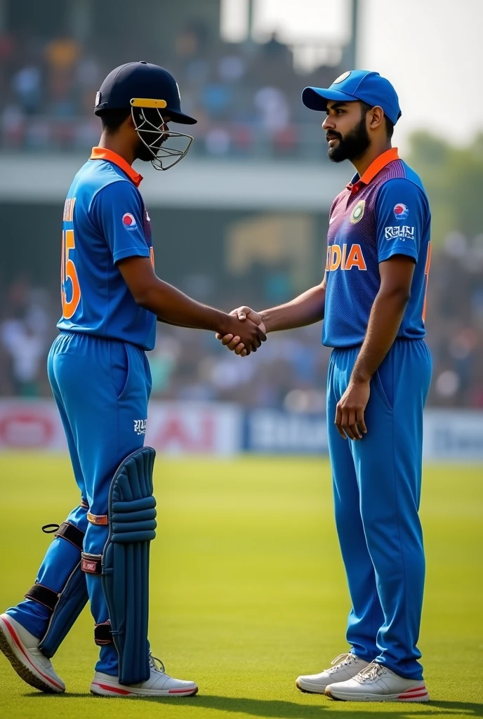 A boy 17 years boy hand shake with Rohit Sharma in Indian cricket jearsy. Jearsy no 45
