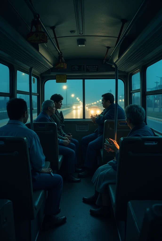 In night travelling bus with his wife and conductor are talking with them and other mo no one in bus