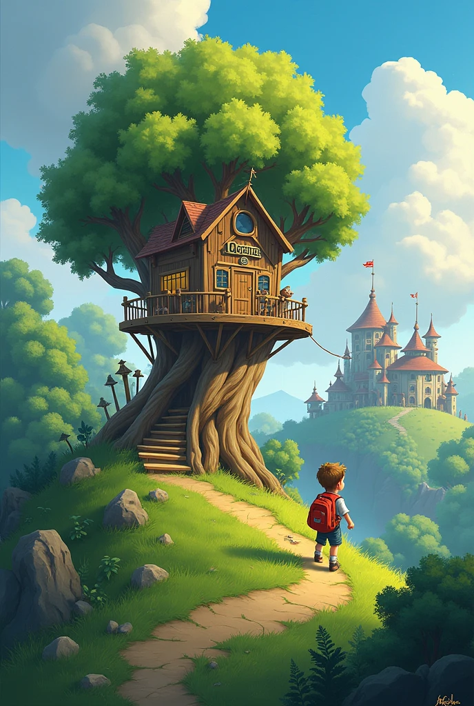 A boy on a hilltop near an attractive tree house. And down the hill there is strange village 