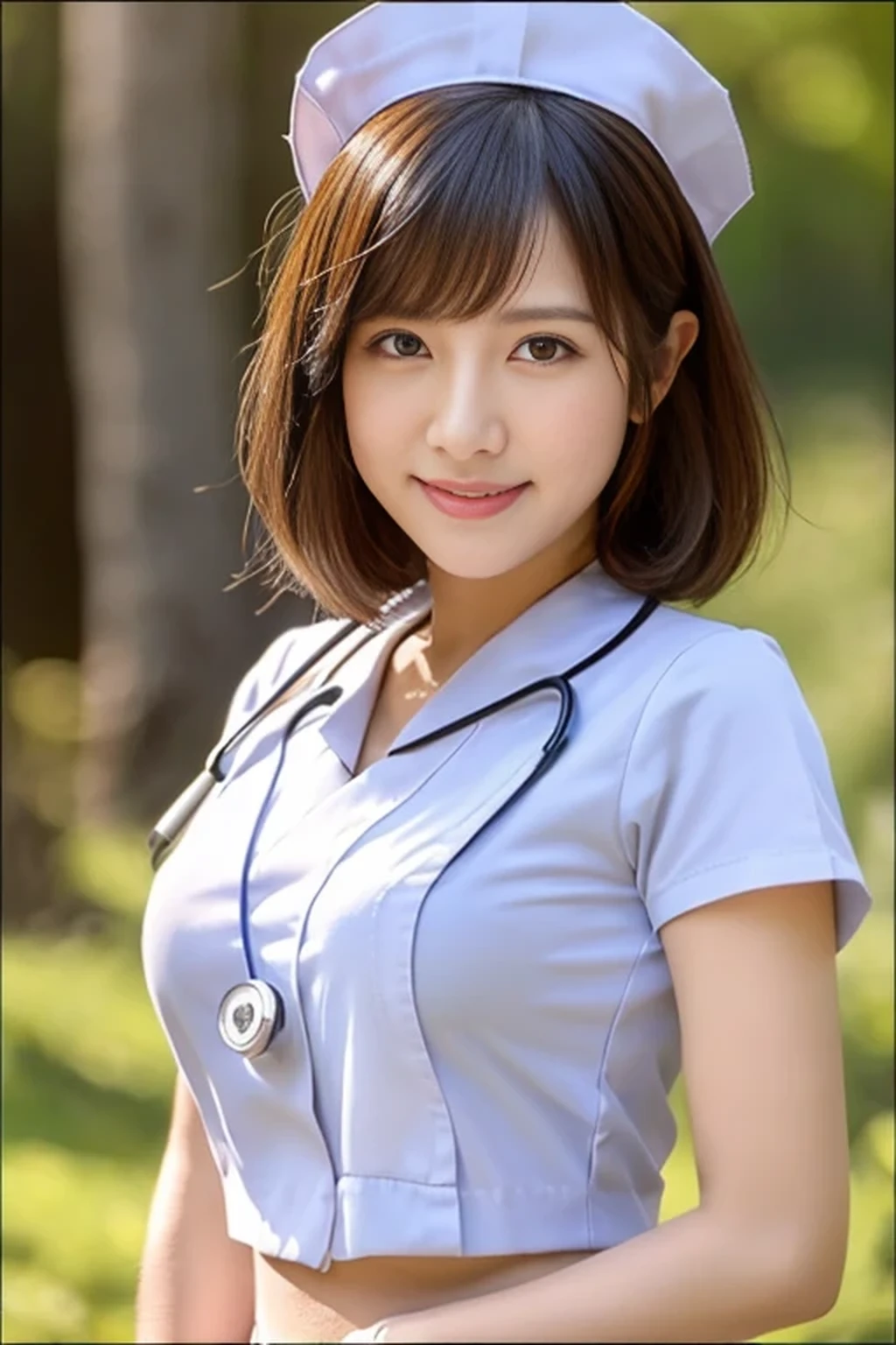 (8k, best quality, masterpiece, super detailed:1.5), (beautiful Japanese woman, shirt cut hair, smile:1.2), (wearing white Nurse's uniform, Nurse's cap :1.5), huge breasts