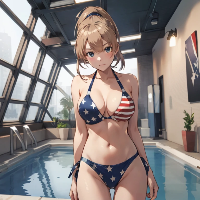 intrepid,ponytail,
(masterpiece:1.4),(best quality:1.4), (premium:1.4), (great illustration:1.4), (ultra-detailed:1.4),(art CG, 8K),1girl solo, KonishiCSA,(rei no pool:1.2),
, BREAK, (American-flag-inspired bikini:1.4), (patriotic accessories with red, white, and blue:1.2),