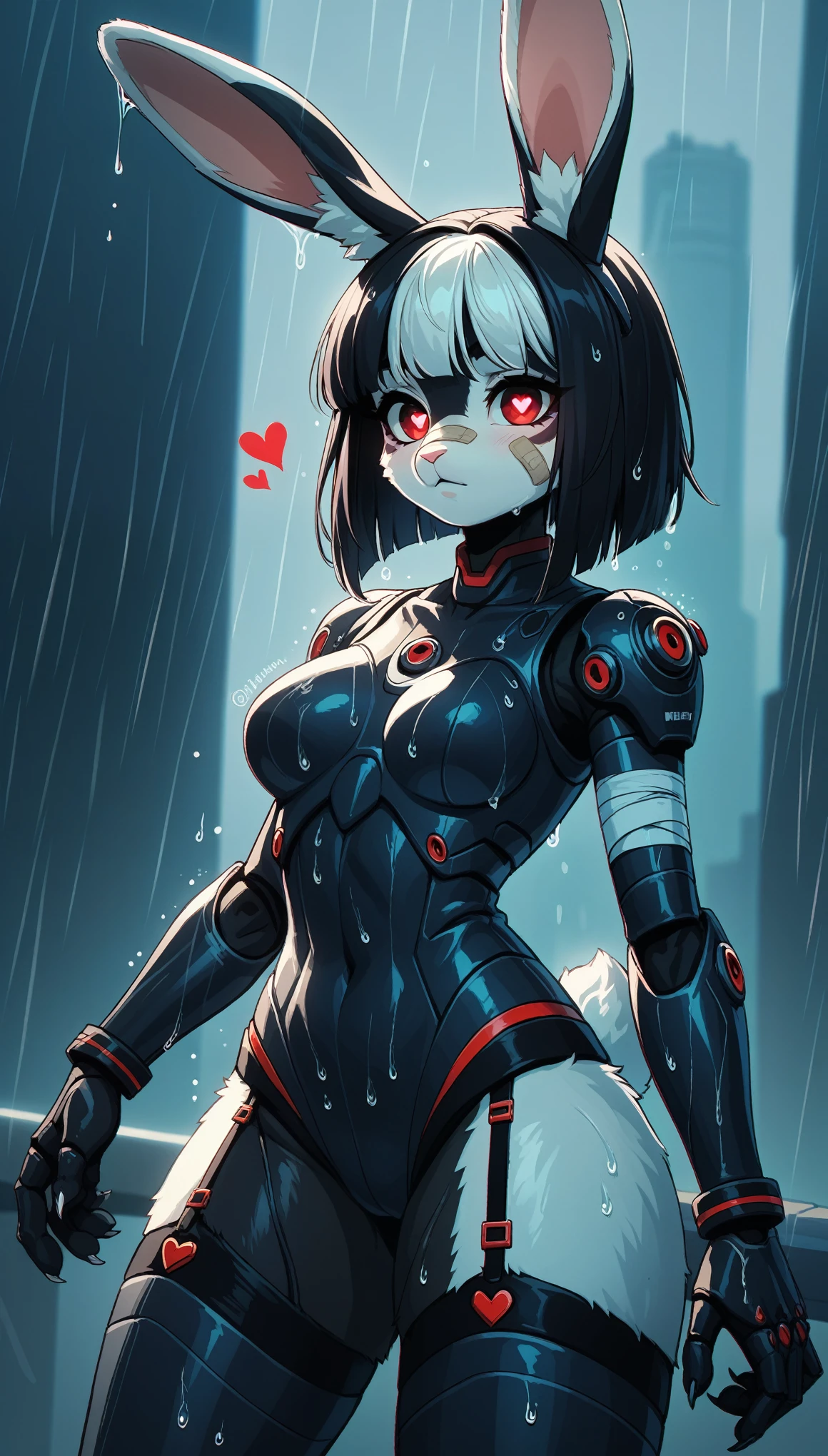 score_9, score_8_up, score_7_up, score_6_up, score_5_up, score_4_up, BREAK source_anime, source_anthro, [rating_safe], rating_explicit,

1girl, furry female, bunny, bunny ears, solo, rain weather, wet surface,  , detailed face, white hair, black hair fringe, red eyes, (hearts pupils), (face bandage:1.3), [body:tech suit:0.5], thicc thighs, garter straps, futuristic armor, visually stunning, chromatic aberration