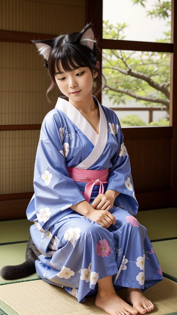 "A cute, fluffy cat wearing a traditional Japanese yukata with a colorful, floral pattern. The yukata is tied with a neat obi, and the cat looks adorable and dignified. The cat is sitting calmly, with its tail curled around its body, in a serene setting that hints at a traditional Japanese garden or festival. The overall scene is charming and peaceful, with the cat looking graceful and content in its stylish yukata."