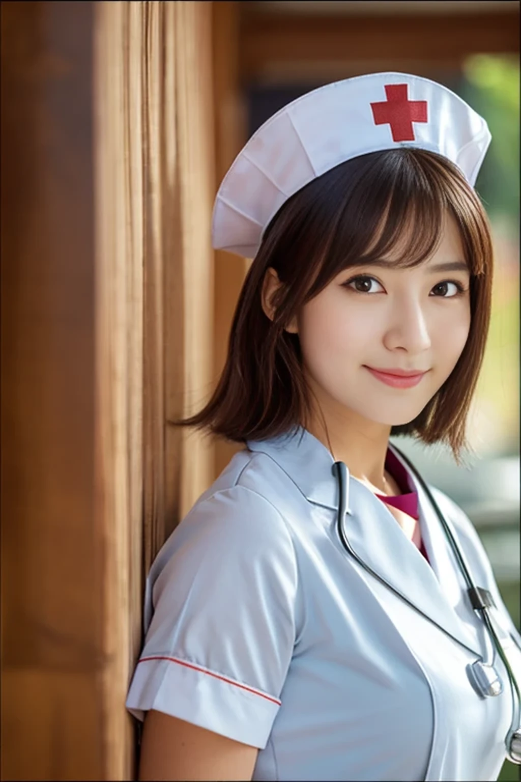 (8k, best quality, masterpiece, super detailed:1.5), (beautiful Japanese woman, shirt cut hair, smile:1.2), (wearing white Nurse's uniform, Nurse's cap :1.5), huge breasts