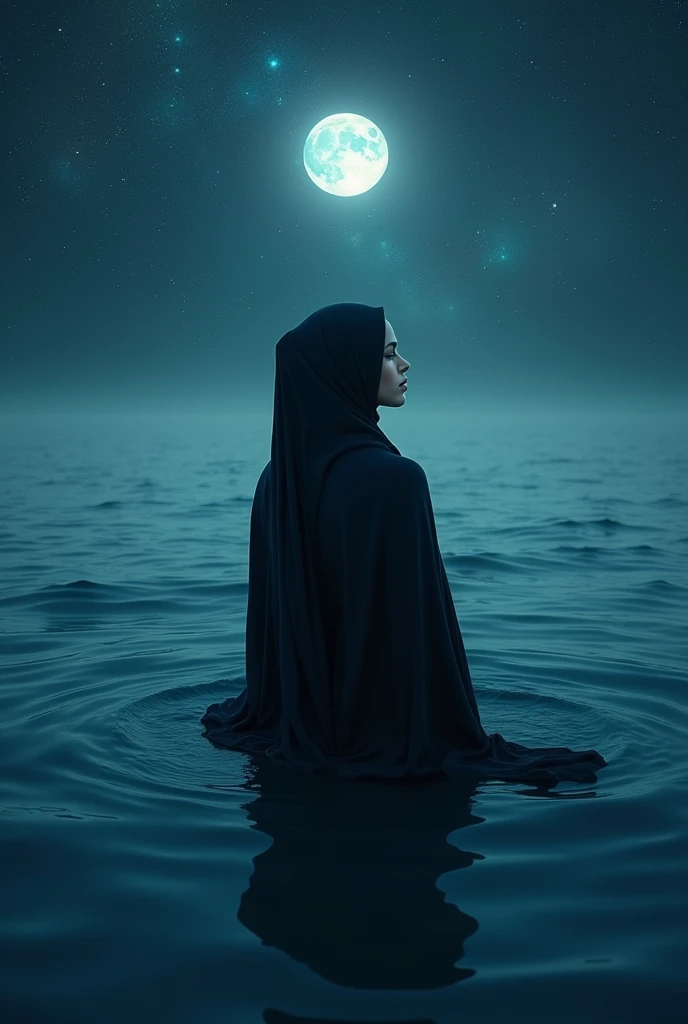 a woman with black hijab, in a sea, with half her body submerged in the water, behind a starry sky with a moon in the center