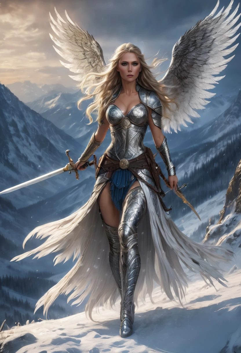 (fantasy style), beautiful female Norse Valkyrie, long flowing hair with braids, adorned in revealing ornate intricately designed armor with runes, large feathery and armored wings, thigh straps, poised and dynamic, wielding an ornate longsword covered in runes, looking down on a cold snowy battlefield littered with dead, radiant skin, cold and distant expression, full body, dynamic pose, life size, perfect anatomy, detailed skin texture, full HD, 4K, HDR, perfect anatomy, depth of field, in the style of Boris Vallejo