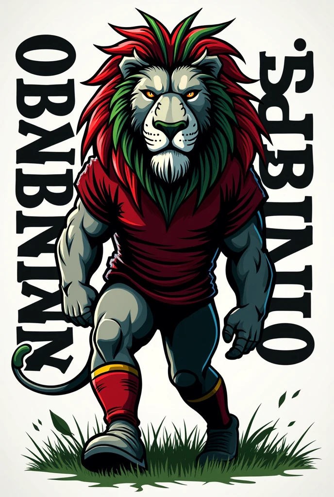 create a logo of a black and white lion with braids in red and green colors head standing and stepping on a football dressed in a football team uniform in red and green colors without shield and logo and the name BABA UNIÃO very large on the side surrounding the image