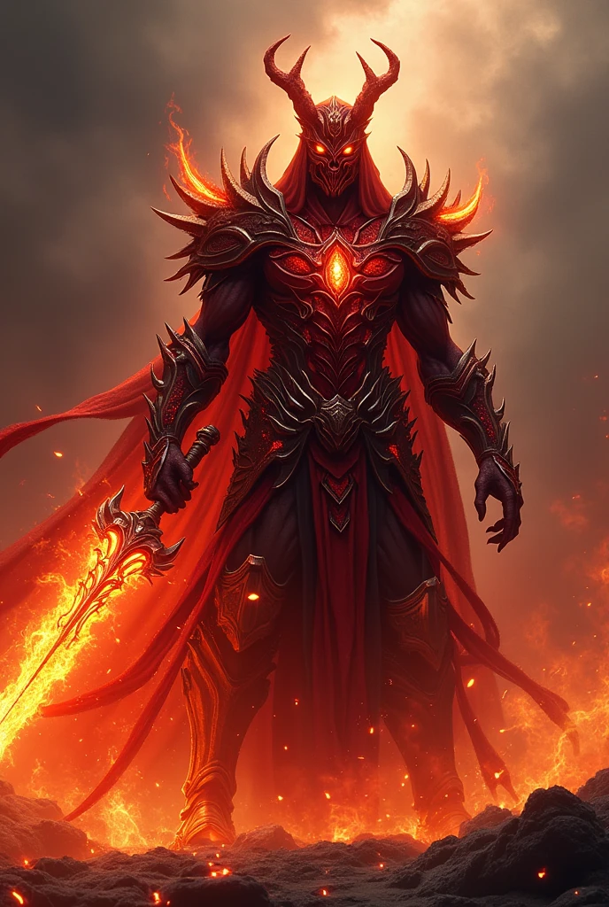 /imagine "Inferno Wraith" avatar: powerful and intimidating, dark red armor with flame-like patterns, wielding a large fiery sword, intense flame effects, with a backdrop of burning fire and ash --v 5 --ar 16:9