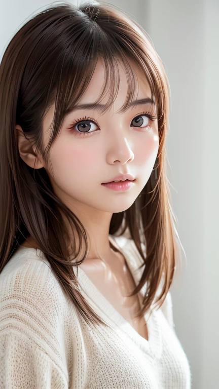 Young Japanese Woman, 20th Generation, White Background, simple背景, Brown Hair, thin, 4K, In 8K, high quality, beauty, Beautiful Eyes, simple, High resolution,1 person,Beautiful Skin,Beautiful Skin,Wearing a white knit,Winters、blush、Loose and fluffy hair