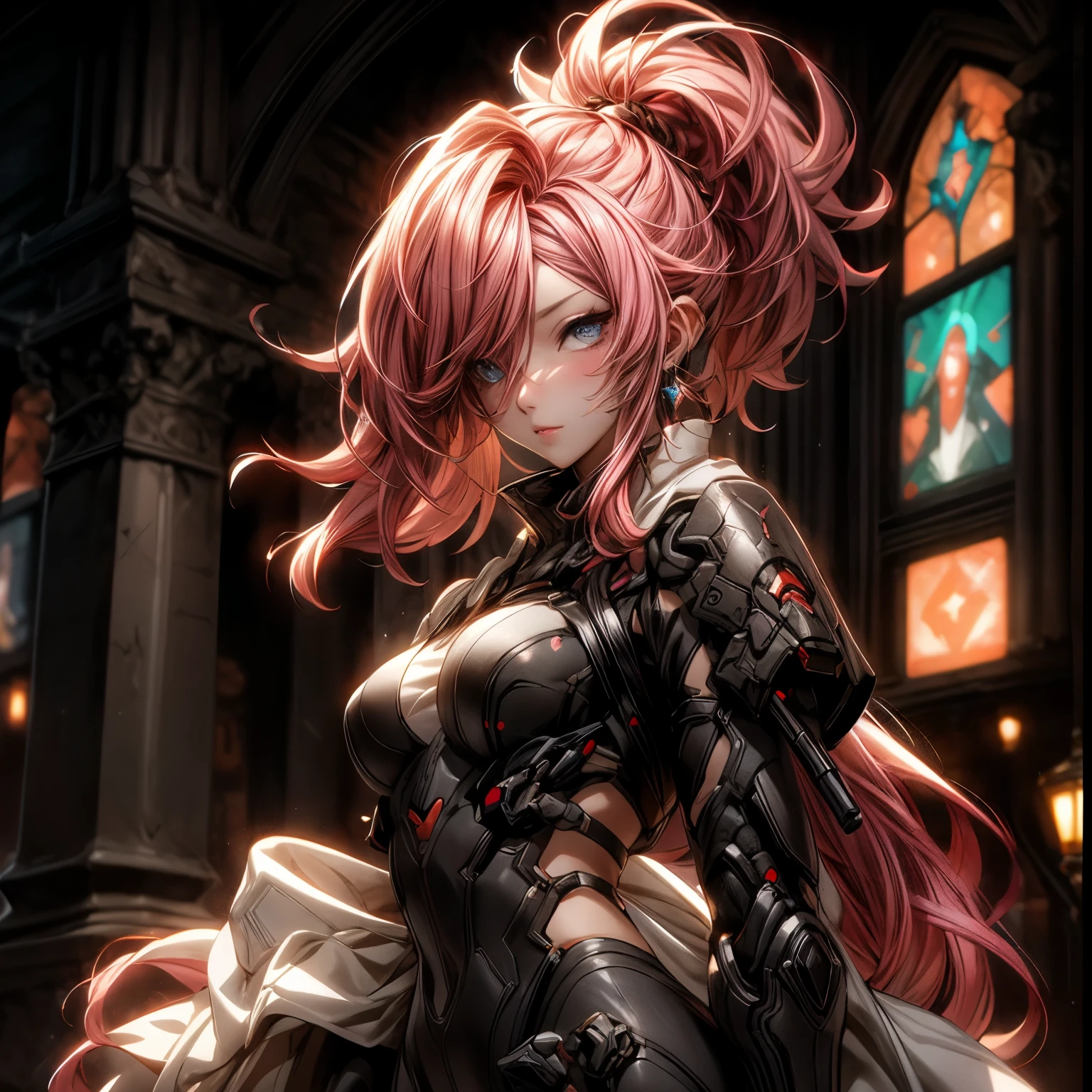 (best quality)), ((Masterpiece)), (details:1.4), 3d, HDR (high dynamic range), an image of a beautiful cyberpunk female, fantasy, pink hair, High ponytail, Golden eyes, จมูกโด่ง, ปากแดง, หน้าอกใหญ่, nvidia RTX, PBR surface, After processing, Anisotropic filtration,depth of field, Maximum clarity and clarity, multi-layered surface, Subsurface scattering, perfect proportions, 8K raw files, ultra detailed, Perfect proportions, volumetric lighting, soft lighting, Holy Paladin, Heavy Red Armor, glossy skin, chapel background, jewely, ต่างหู, นิ้วมือสมบูรณ์,