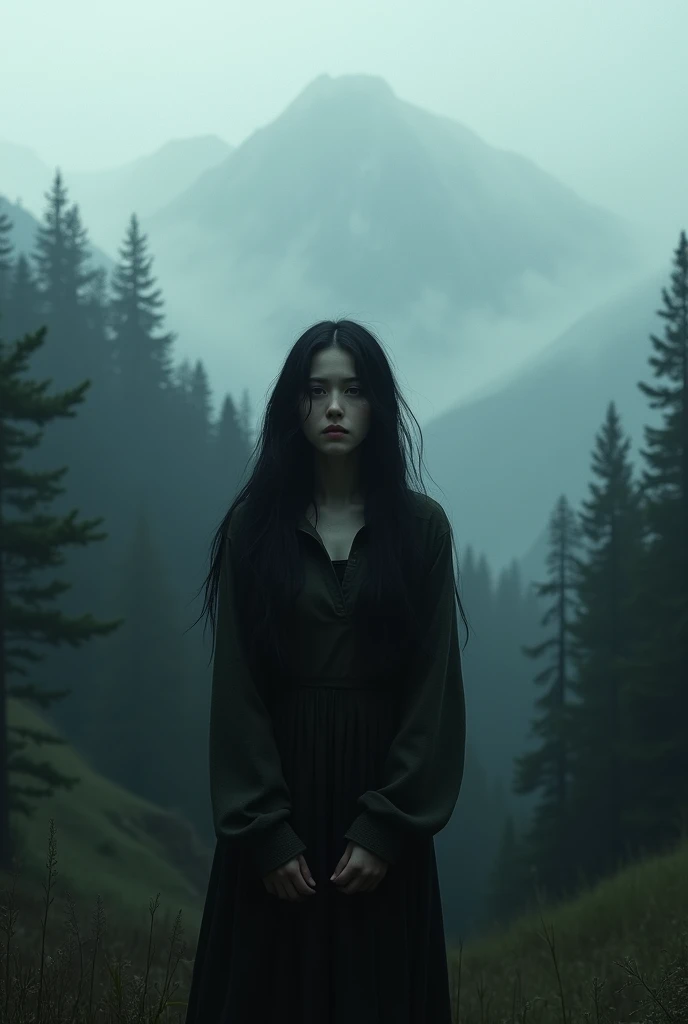 Young girl of 30 years old facing forward looking, melancholic look long black hair , forest behind her, silent hill style fog, dense forest mountains around.