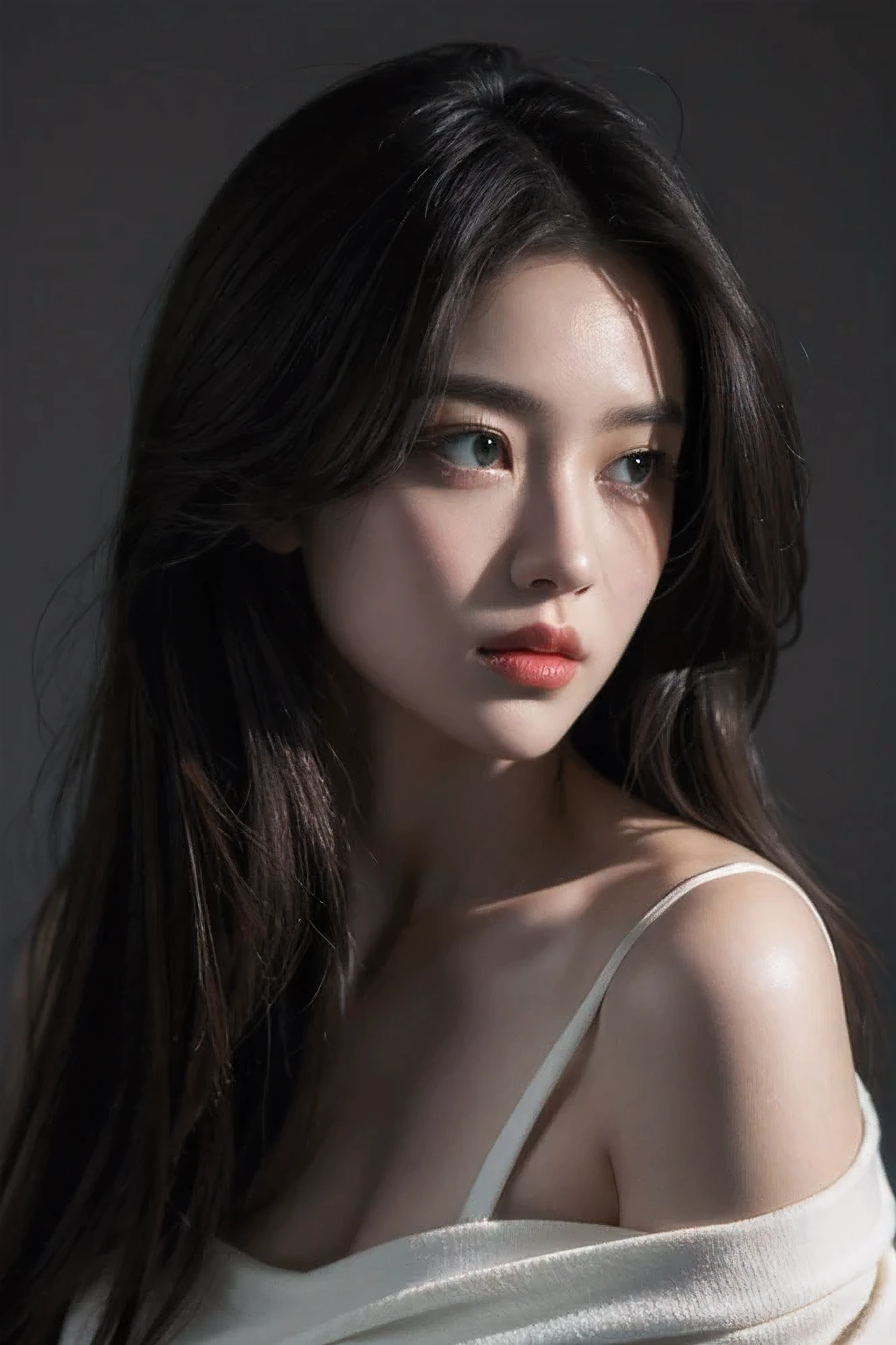 Best quality, masterpiece, ultra high res, (photorealistic:1.5), raw photo, 1girl, offshoulder, in the dark, deep shadow, low key, cold light, sexy look, long hair