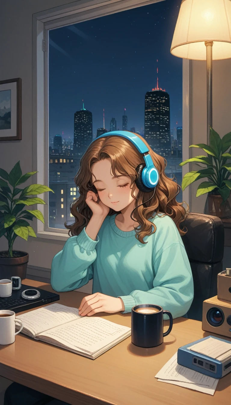 A young woman is sitting comfortably in a modern, cozy room with a cityscape visible through a large window at night. The main object of focus is the woman, who appears to be in her late teens or early twenties. She has long, wavy brown hair and is wearing a pair of large over-ear headphones. Her eyes are closed, and she has a serene, relaxed expression on her face as she listens to music. The woman is seated in a plush armchair, which is positioned to the right of a wooden desk. On the desk, there is a modern desktop computer, a ceramic coffee mug, and a small potted plant. A desk lamp with a warm, yellow glow is placed on the left side of the desk, casting a soft light over the scene. The light from the lamp is the primary light source, illuminating the woman and creating gentle shadows around her. In the background, the large window offers a stunning view of the city at night, with numerous skyscrapers and their illuminated windows creating a vibrant, urban atmosphere. The room itself is painted in neutral tones, with the walls adorned with minimalistic decor. The overall color scheme of the image features warm tones from the lamp and the cooler tones of the night cityscape, creating a balanced and visually appealing contrast. The perspective of the image is from a slight angle, allowing for a clear view of the woman, the desk, and the background cityscape. The size of the image is rectangular, with a wide aspect ratio that captures the breadth of the scene. The theme of the image is calm and relaxation, with an emphasis on the soothing environment and the woman's peaceful state.