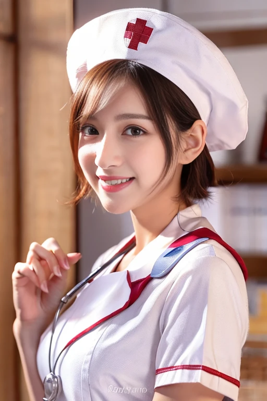 (8k, best quality, masterpiece, super detailed:1.5), (beautiful Japanese woman, shirt cut hair, smile:1.2), (wearing white Nurse's uniform, Nurse's cap :1.5), huge breasts