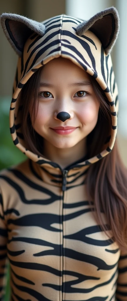 The beautiful Chinese asian adult girl with beautiful cheeks wears tabby cat lycra turtleneck unitard catsuit covered with stripes and tabby cat lycra elastane stretchy dancewear inner hijab-like hood covered with stripes.She is happy.She always put fake cat whsikers and nose that are made of black makeup marker pen.