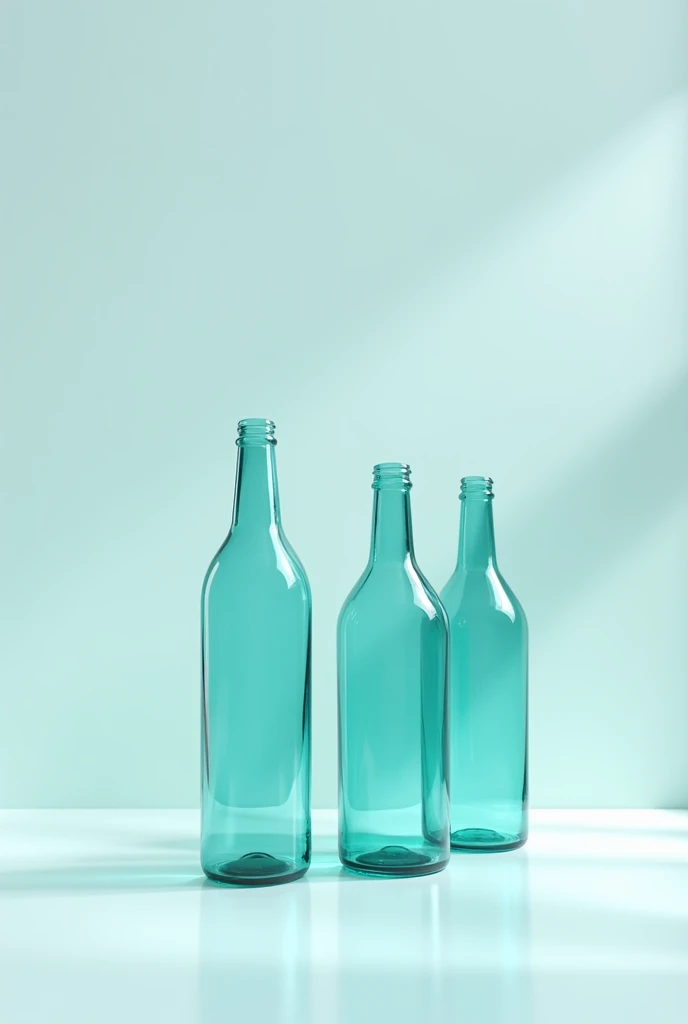 Draw three Aqua bottles from an eye-level perspective. The first bottle is 15 cm tall, positioned in the front. Use projection lines to determine the heights of the following bottles. The main light source is from the top left corner, casting shadows accordingly.