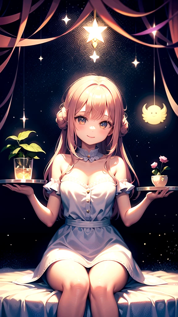 “A charming, fairy-tale-like scene with a cute, smiling girl seated at a whimsical table in an enchanted garden. She is surrounded by an array of magical desserts—cupcakes with sparkling frosting, macarons shaped like stars, and pastries that look like they came from a storybook. The girl has a joyful expression, with soft, glowing lighting that enhances the dreamy, magical atmosphere. The background is filled with fantastical elements like glowing flowers, gentle floating lights, and a pastel-colored sky, creating a perfect märchen world for a LOFI vibe.”

This should evoke a dreamy, fairy-tale setting ideal for your LOFI videos.