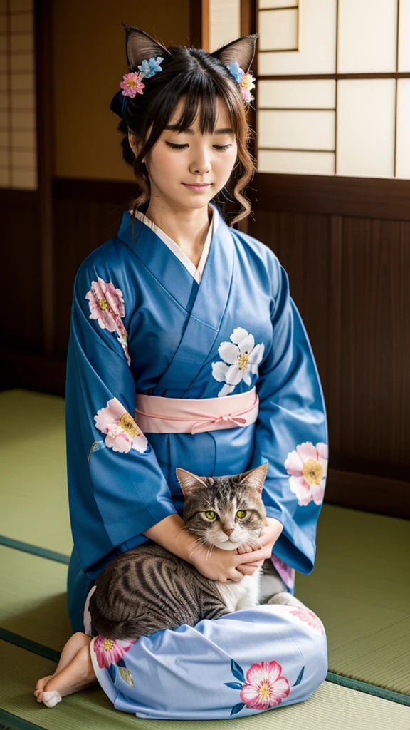 "A cute, fluffy cat wearing a traditional Japanese yukata with a colorful, floral pattern. The yukata is tied with a neat obi, and the cat looks adorable and dignified. The cat is sitting calmly, with its tail curled around its body, in a serene setting that hints at a traditional Japanese garden or festival. The overall scene is charming and peaceful, with the cat looking graceful and content in its stylish yukata."