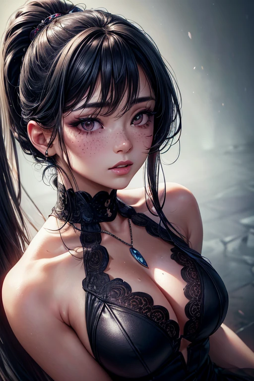 Kaori, Single model, solo, half Asian, half Latino, very long straight black hair, high ponytail, freckles, blushing, wet eyes, long chain pendant, very large heavy breasts, chubby, belly, stretchmarks, (best quality,4k,8k,highres,masterpiece:1.2),ultra-detailed,(realistic,photorealistic,photo-realistic:1.37),detailed portrait, cinematic lighting, natural skin texture, intricate details, dramatic colors, moody atmosphere, heavy eye shadow, mascara, playsuit